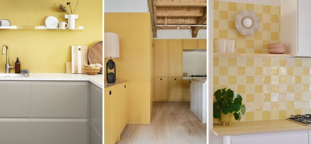 couleur jaune armoires et dosseret cuisine