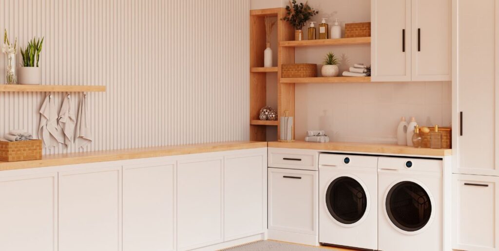 tablettes et armoires fermees salle de lavage